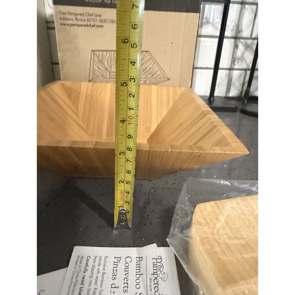 NEW Pampered Chef Bamboo Square Salad Serving Bowl & Claw Tongs, #2254 and #2288 - Picture 6 of 10